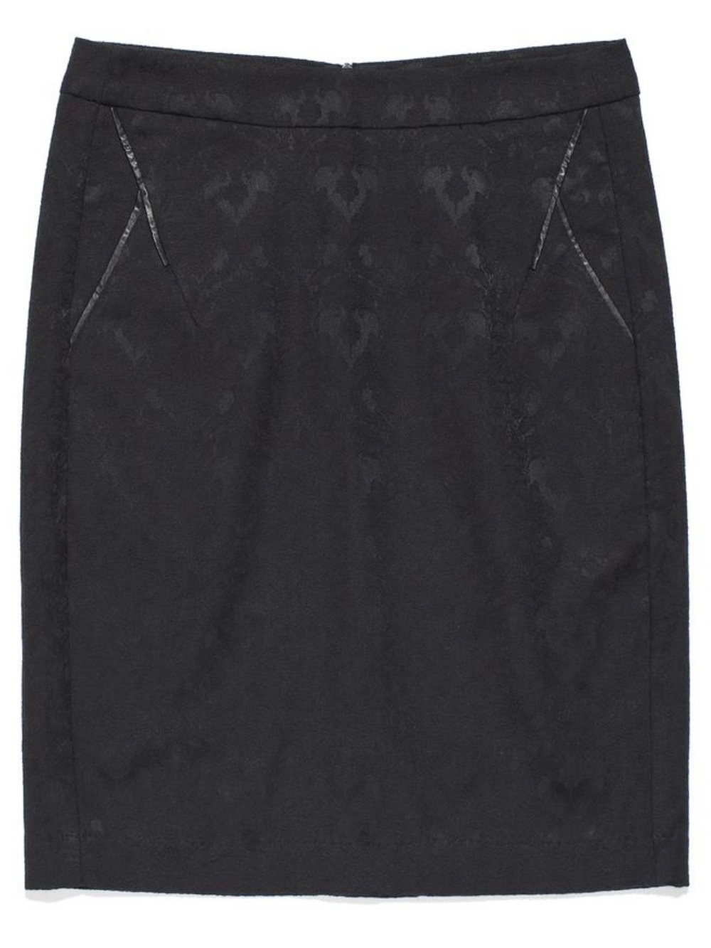 Zara| Chic Black Jacquard Above Knee Pencil Skirt with Faux-Leather Trim Sz XS